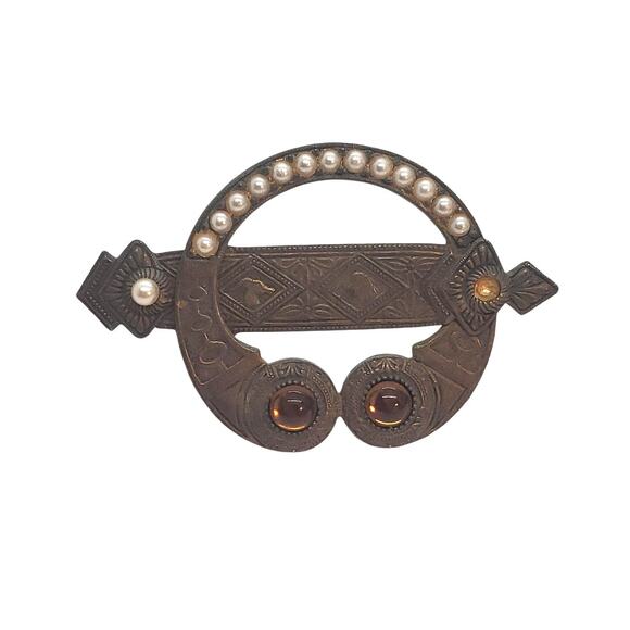 Vintage Victorian Revival Brass Brooch Faux Pearl Amber Glass Cabochons Celtic - Picture 1 of 11